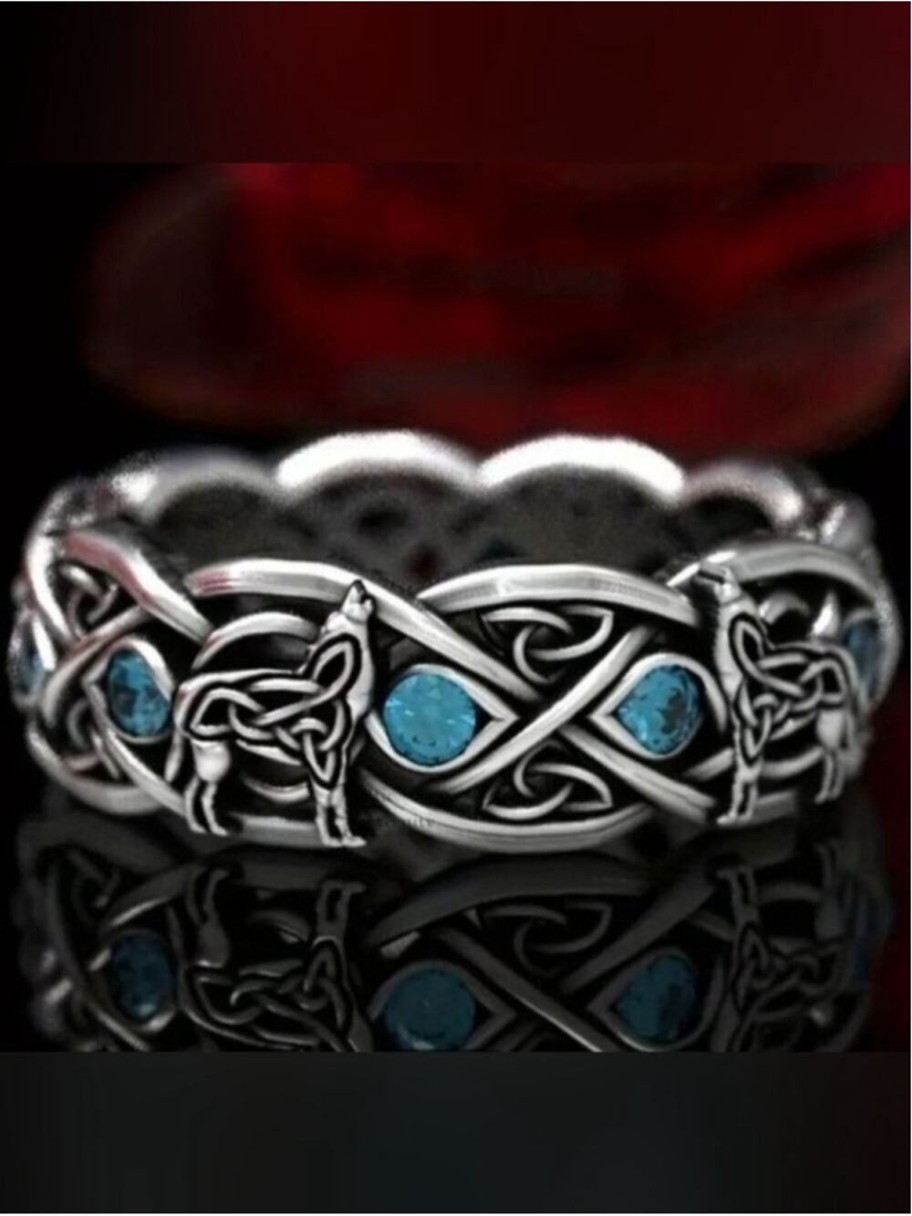 Celtic Blue Rhinestone Wolf Ring Double Wolf NWT